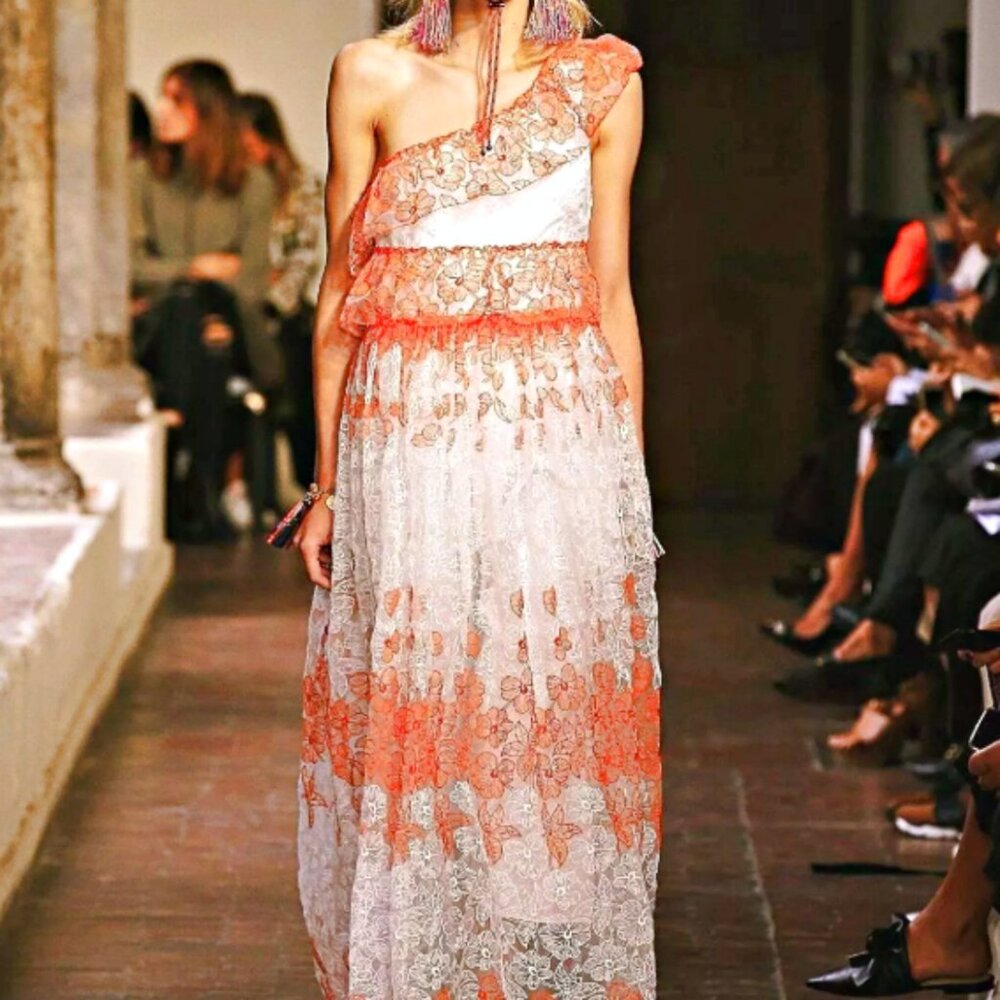 BLUMARINE BLUGIRL Embroidered One Shoulder Maxi Lace Dress sz US M/ IT 44 $1820